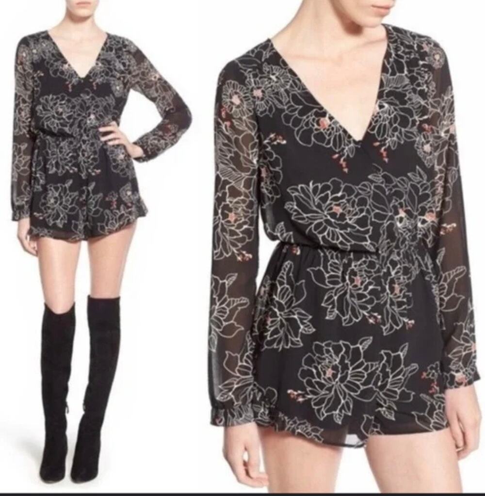 ASTR Floral Long-Sleeve Romper Black Sheer Size Medium